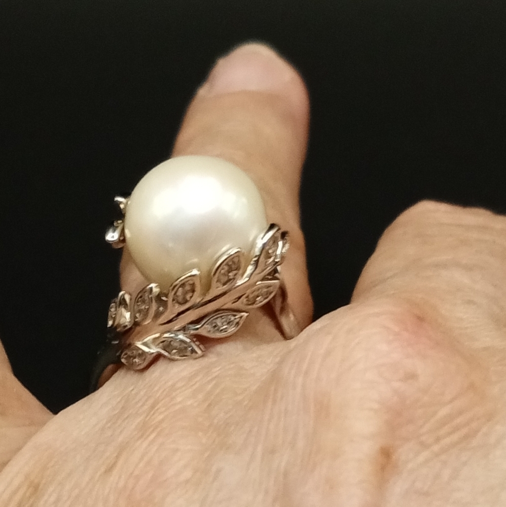 Rhodium over Sterling 12-13MM White Edison Pearl & White Zircon Ring - Picture 3 of 3